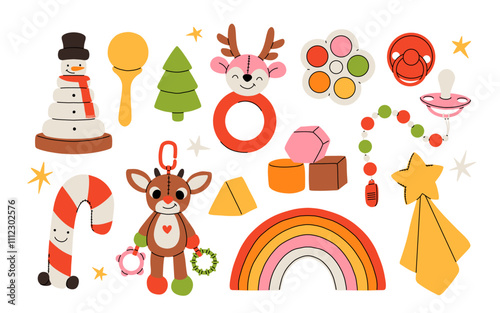 Set of christmas presents for a newborn baby or a toddler. Flat cartoon vector collection of winter toys and baby supplies, snowman pyramid, plush deer, cubes and pacifier.