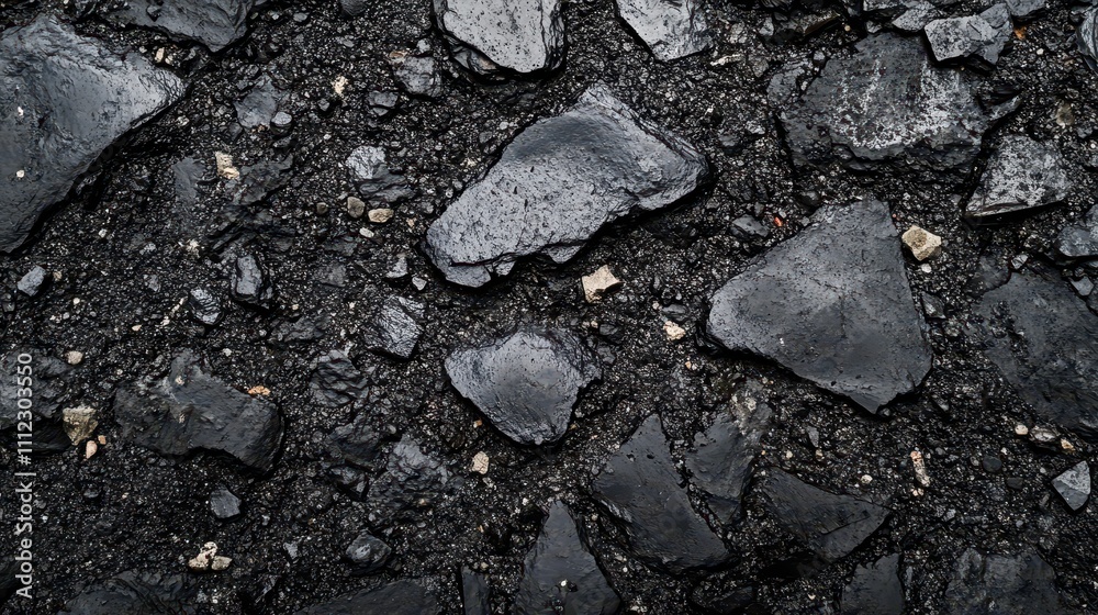 Dark, wet stones embedded in black sand. Ideal for backgrounds, textures, or dark themes. Dark, wet stones embedded in black sand. Ideal for backgrounds, textures, or dark themes.