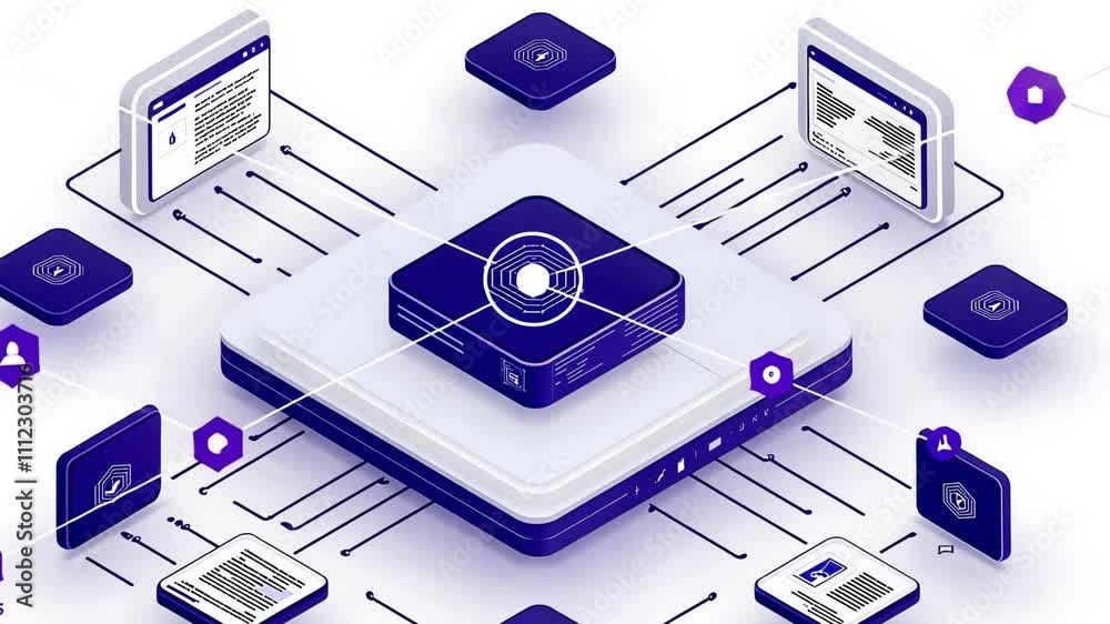 Isometric illustration of a central server connected to various devices and data streams.  Represents data network, cloud computing, or interconnected systems.