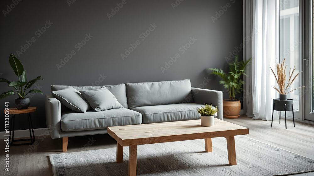 Fototapeta premium Minimalist Scandinavian interior with warm, soft tones. The gray-black wall backdrop consists of a natural wood coffee table. Elegant gray sofa and potted plants with earth tones.