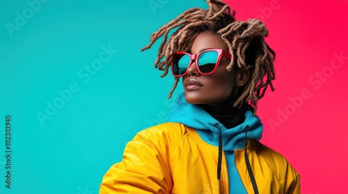 A stylish woman poses against a vibrant dual-colored backdrop, showcasing her colorful outfit and trendy sunglasses, embodying modern fashion and confidence.