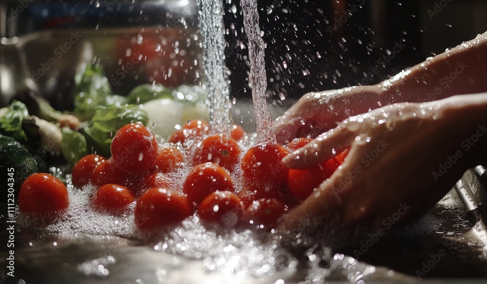 Fototapeta premium A person is washing tomatoes under the tap in their kitchen sink, with water splashing and fresh vegetables visible on top of them