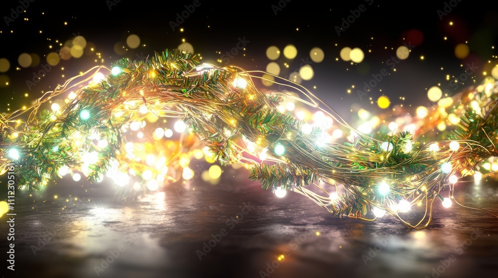 Naklejka premium Enchanted Christmas Lights - 3D Render with Dynamic Bokeh Effects and Glowing Trails on Isolated Dark Background