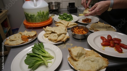 Messy and chaotic setup, dirty plates in the background, low camera quality, poorly arranged ingredients, no lighting setup, uninspiring and unappealing environment photo