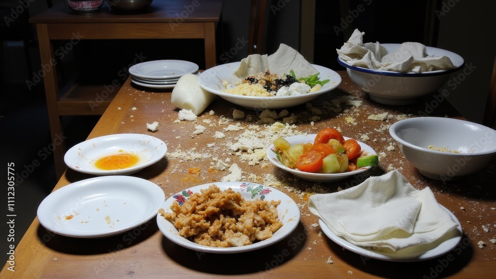Messy and chaotic setup, dirty plates in the background, low camera quality, poorly arranged ingredients, no lighting setup, uninspiring and unappealing environment Messy and chaotic setup, dirty plates in the background, low camera quality, poorly arranged ingredients, no lighting setup, uninspiring and unappealing environment