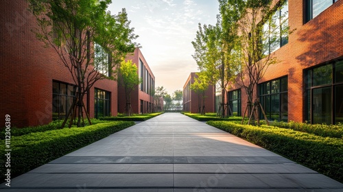 Contemporary Urban Architecture with Red Brick Buildings and Green Landscape in a Modern Setting at Sunrise