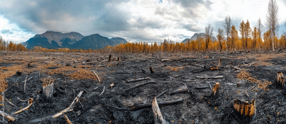 Devastating Impact of Forest Fire Revealed in a Charred Landscape with Blackened Earth, Fallen Trees, and Dramatic Mountains Under a Cloudy Sky Devastating Impact of Forest Fire Revealed in a Charred Landscape with Blackened Earth, Fallen Trees, and Dramatic Mountains Under a Cloudy Sky