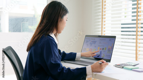 Asia woman expert people AI deep tech talent working on project predict sales insight SEO graph chart plan visual big data science report center BI smart tools screen. Office worker asian analyst job.