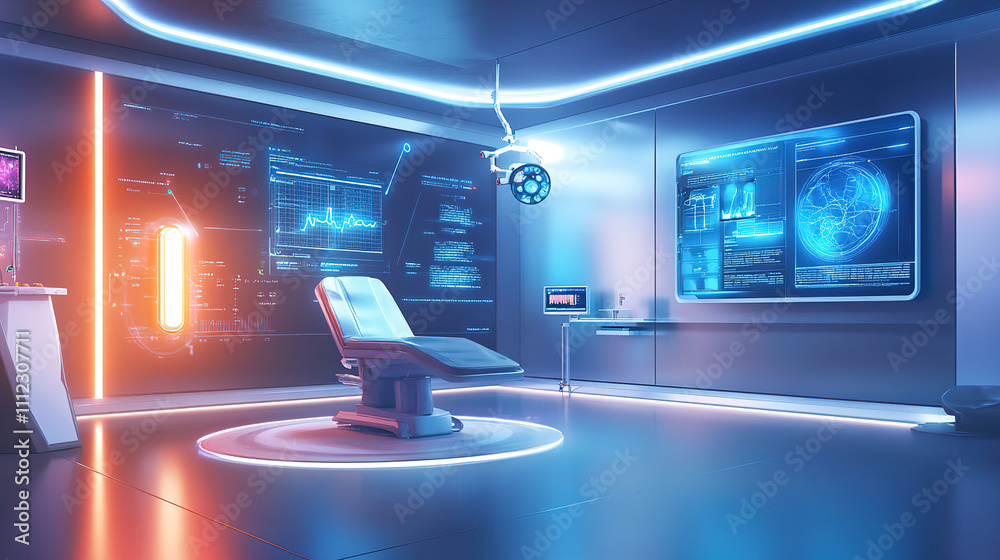 Obraz premium Futuristic medical examination room featuring advanced technology and sleek design with ambient lighting. Generative AI