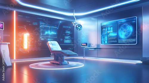 Futuristic medical examination room featuring advanced technology and sleek design with ambient lighting. Generative AI