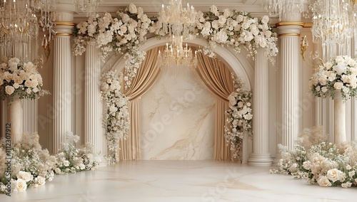 A beautiful, luxurious backdrop for the photo zone in beige tones with white roses and gold elements photo