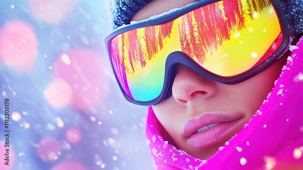 Colorful ski goggles over snowy vibrant winter scene. Colorful ski goggles over snowy vibrant winter scene.