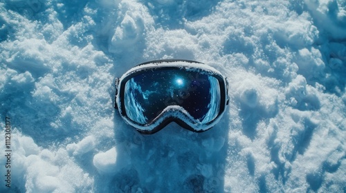 Goggles nestled in snow with cosmic reflection. photo