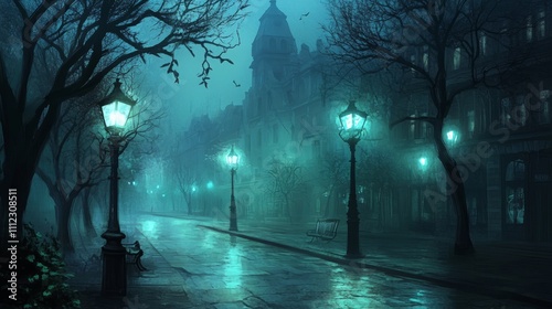 A deserted street at night, wrapped in mist and softly lit by streetlights glowing in soothing blue and green tones