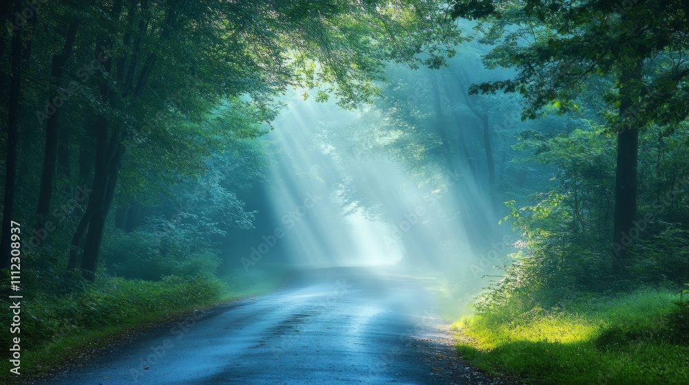 A foggy road illuminated by gentle streetlight beams, their calming blue and green tones spreading softly through the mist