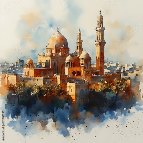 A painting of a city with a large building in the center