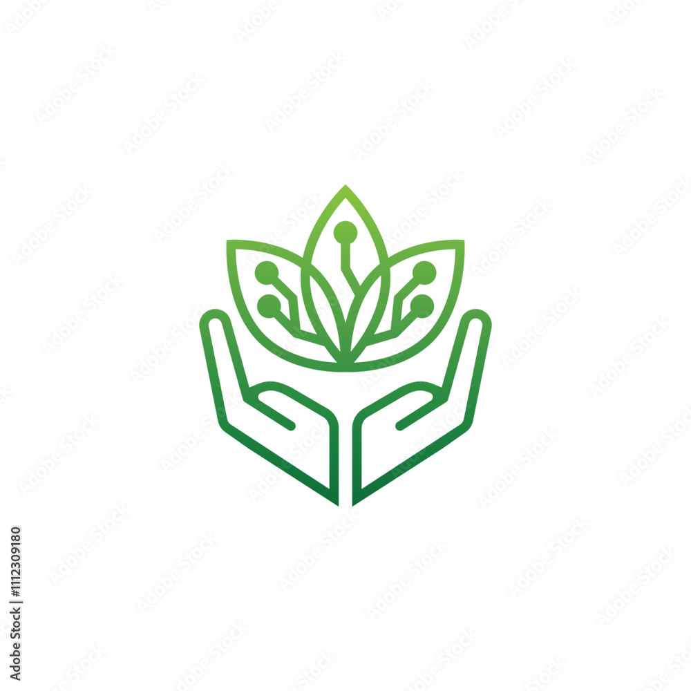 Leaf and Hand with electric circuit for agricultural technology logo design Leaf and Hand with electric circuit for agricultural technology logo design