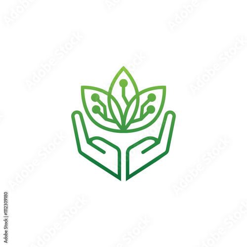 Leaf and Hand with electric circuit for agricultural technology logo design