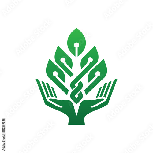 Leaf and Hand with electric circuit for agricultural technology logo design