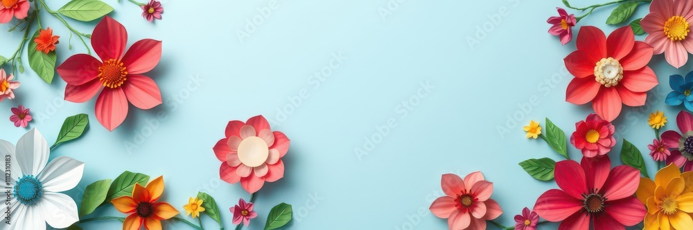 Obraz premium Vibrant handmade paper flowers in various colors contrasting with light blue backdrop with blank space in the middle, flowers, bright