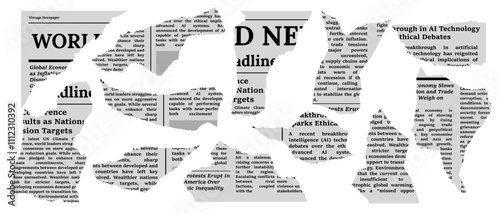 A retro collage of torn newspaper clippings with grunge textures, headlines, and abstract text. Ideal for creating decorative media inspired designs or posters with an old newspaper aesthetic