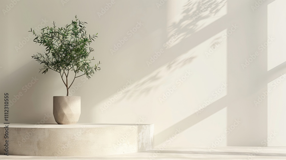 A refined, neutral-toned podium with a modern, geometric plant pot and a well-maintained green plant, elegantly displayed against a white surface A refined, neutral-toned podium with a modern, geometric plant pot and a well-maintained green plant, elegantly displayed against a white surface