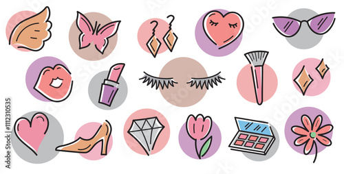 cute sweet colorful pastel hand drawn fashionable female stuff graphic element vector set