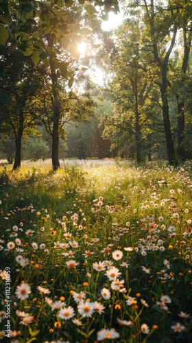 Wallpaper Mural Sunlight Filtering Through Lush Verdant Forest Canopy Onto Blooming Meadow with White Daisies and Tall Grass Under Peaceful Serene Atmosphere Torontodigital.ca