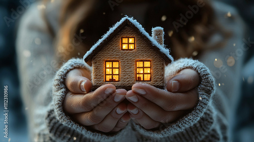 mãos segurando casa pequena, fundo borrado com espaço de cópia para setor imobiliário  photo