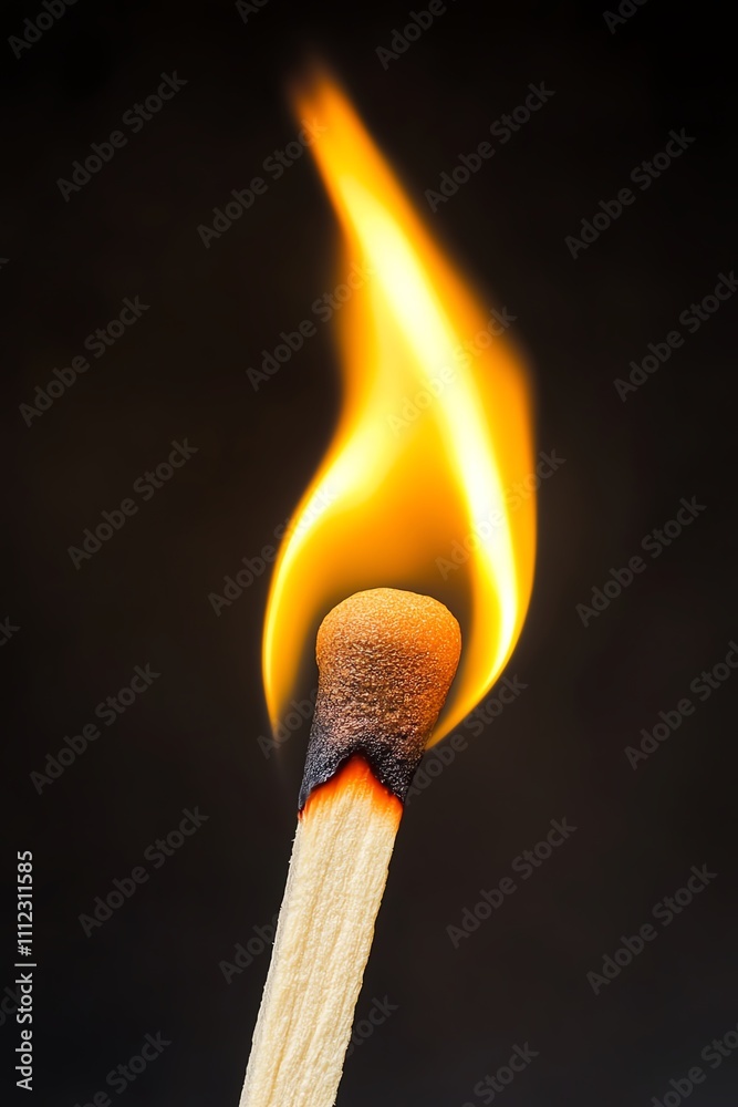 A close-up of a matchstick igniting with a vibrant flame against a dark background. A close-up of a matchstick igniting with a vibrant flame against a dark background.