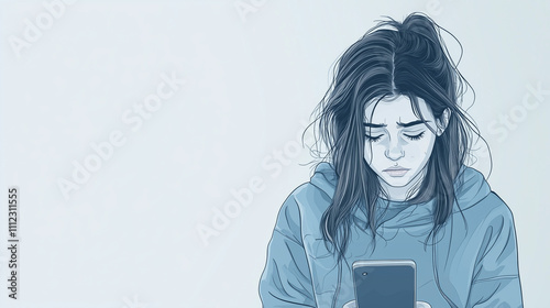 Landscape aspect illustration of a tired teenaged girl or young woman staring at her phone, looking worried and serious, with copy space for text. Aspect ratio 16:9