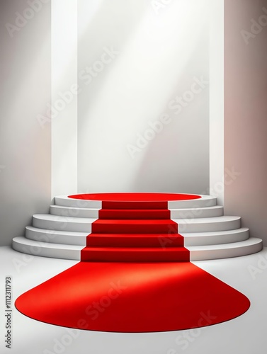 A minimalist stage with a red carpet leading up to a bright spotlight, perfect for events and presentations.