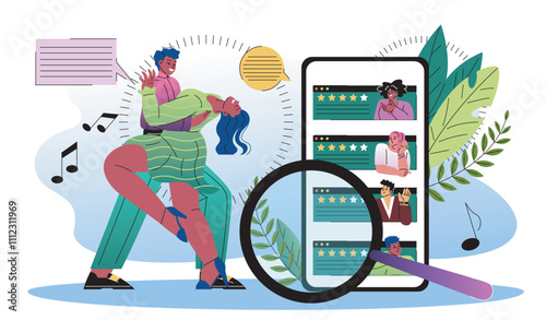 Choreographer online concept. Man and woman dancing together. Online lessons, courses and master classes. Hobby and leisure. Flat vector illustration