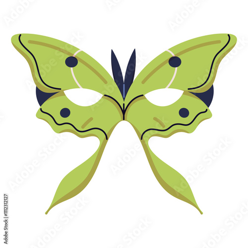 Venetian mask with butterfly shape. Carnival Colombina for Mardi Gras celebration. Disguise facial accessory for festive masquerade. Theater masque for face. Flat isolated vector illustration on white