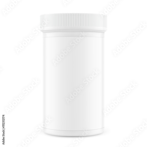 Dram pill bottle with lid mockup for drugs, probiotics, vitamins, supplements isolated on white background. Vector illustration. Mockup is ideal for health projects. EPS10.