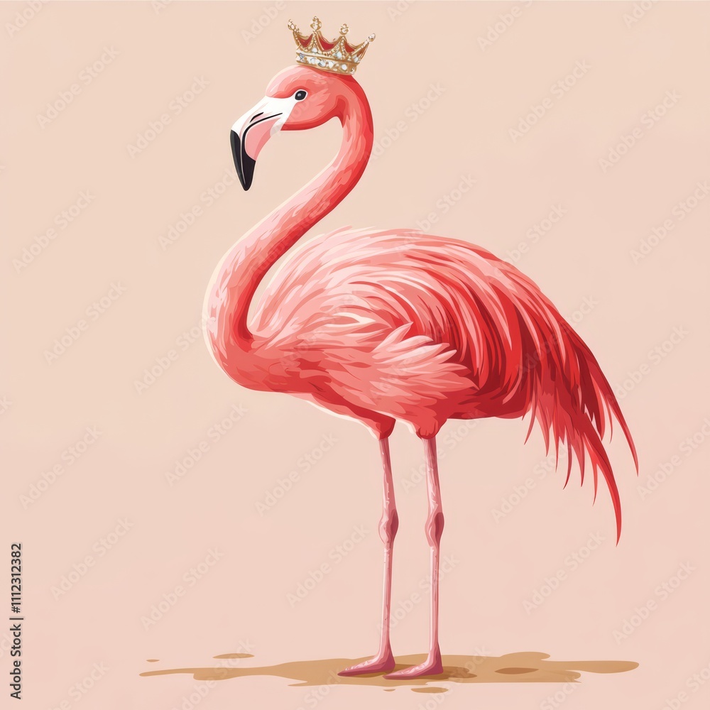 Fototapeta premium Pink flamingo wearing a golden crown.