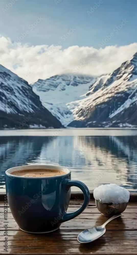 The steaming mugs of hot coffee resting on a wooden surface, their steam gently rising into the crisp winter air. In the background, a breathtaking view of snow-covered The steaming mugs of hot coffee resting on a wooden surface, their steam gently rising into the crisp winter air. In the background, a breathtaking view of snow-covered