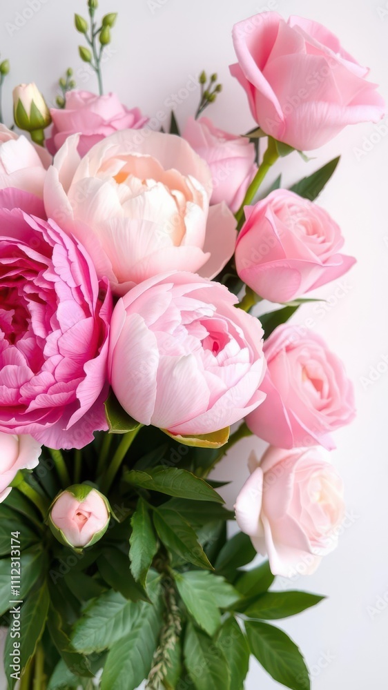 Fototapeta premium Beautiful arrangement of fresh pink peonies and roses with ample copy space, pink, spring