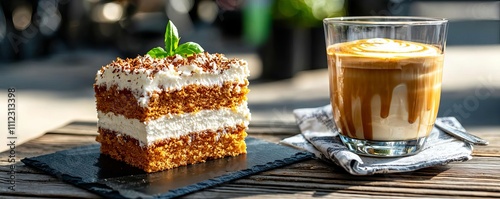 Classic European cafe aesthetic with a cappuccino and a layer cake served on a weathered wooden table, framed by a sunny outdoor backdrop