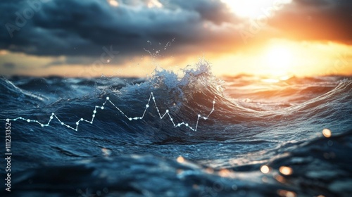 Ocean Water Drops Background with Rising Stock Market Graph Representing Growth in Water Investments photo