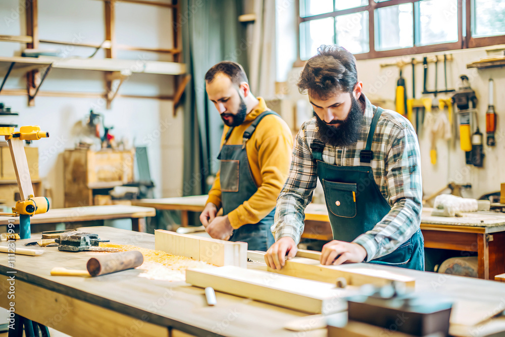 Two carpenters in work uniforms work with wooden blocks in a carpentry shop surrounded by various tools Two carpenters in work uniforms work with wooden blocks in a carpentry shop surrounded by various tools