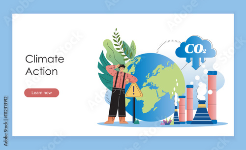 Climate action landing page. Man near factory with co2 emissions. Caring for nature, ecology and environment. Eco friendly activist. Flat vector illustration photo