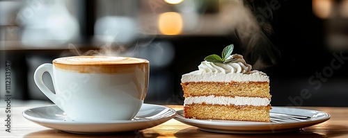 Cozy coffee shop scene with a steaming cappuccino and a layered cake slice, styled with warm, inviting tones and a rustic backdrop
