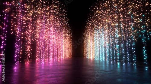 Glowing Christmas Lights Cascade - Festive 3D Render Digital Art on Dark Background with Vibrant Colors and Sparkling Effects for Graphic Designers and Creators