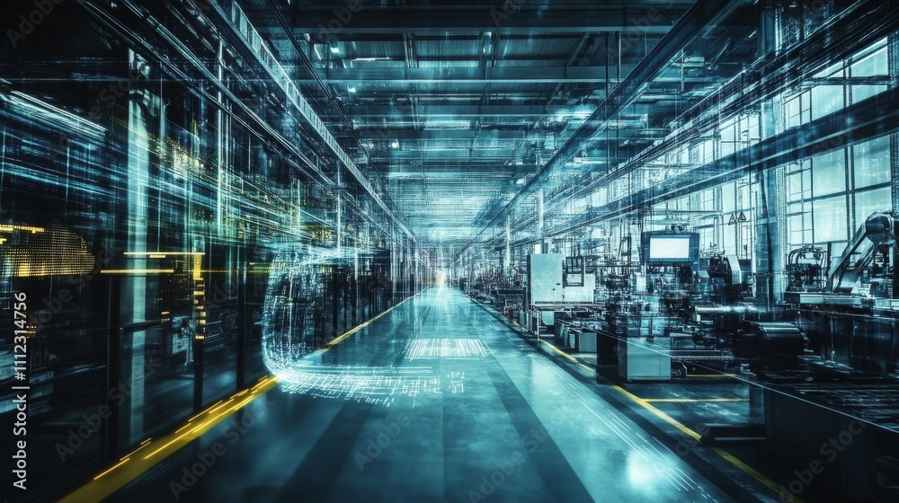 Advanced Industry 0 Smart Factory Interior with IIoT Machines, Efficient Workstations, and Automated Production Lines for Enhanced Performance Advanced Industry 0 Smart Factory Interior with IIoT Machines, Efficient Workstations, and Automated Production Lines for Enhanced Performance