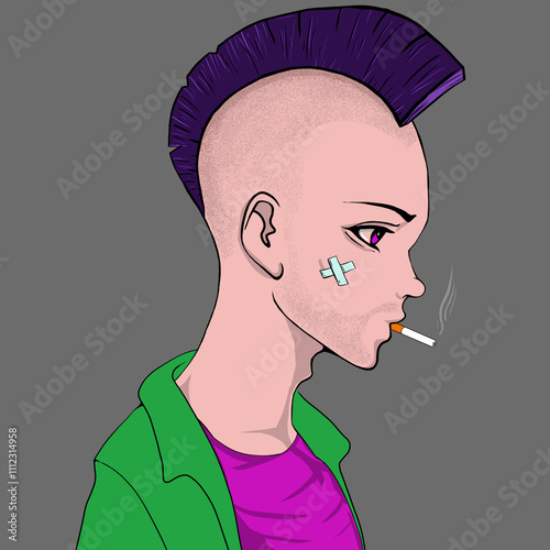 Slika na platnu cartoon character of a man with skinhead hair, smoking, side view