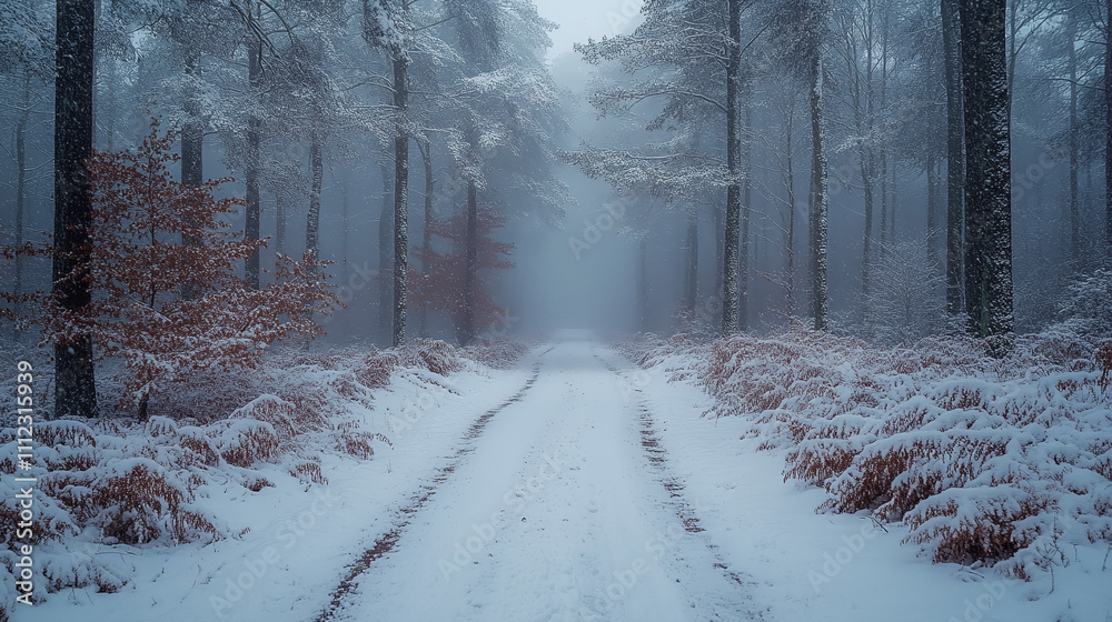 A snow-covered road winds through a forest , conveying a refreshing winter atmosphere. A snow-covered road winds through a forest , conveying a refreshing winter atmosphere.