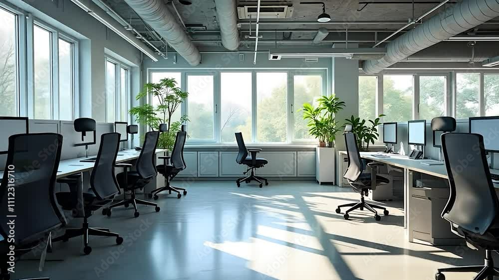 Modern, Bright Office Space with Large Windows, Desk Stations, and Plants Modern, Bright Office Space with Large Windows, Desk Stations, and Plants