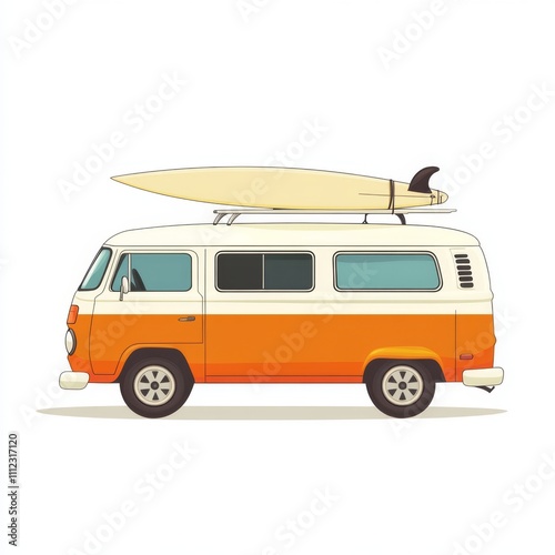 Vintage van with surfboard on roof rack.