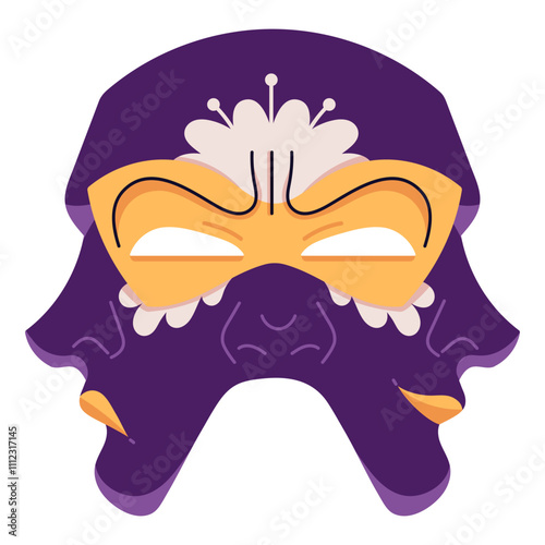 Carnival mask of Japanese warrior, samurai. Decorated masque for masquerade. Disguise accessory for face for Mardi Gras holiday. Venetian theater. Flat isolated vector illustration on white background